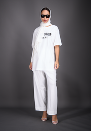 Model wearing 3-in-1 linen set, front full view – East Vibe